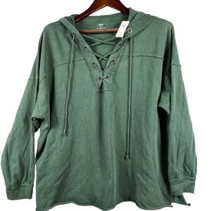 Aerie Womens S Lace Up Hooded Sweatshirt Raw Hem Dark Green Hoodie Oversized NWT